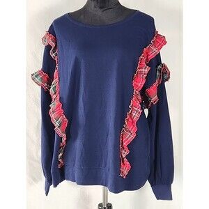 Crown & Ivy Curvy Pullover Plaid Ruffle Blouse Long Sleeve Blue Top Plus Size 2X
